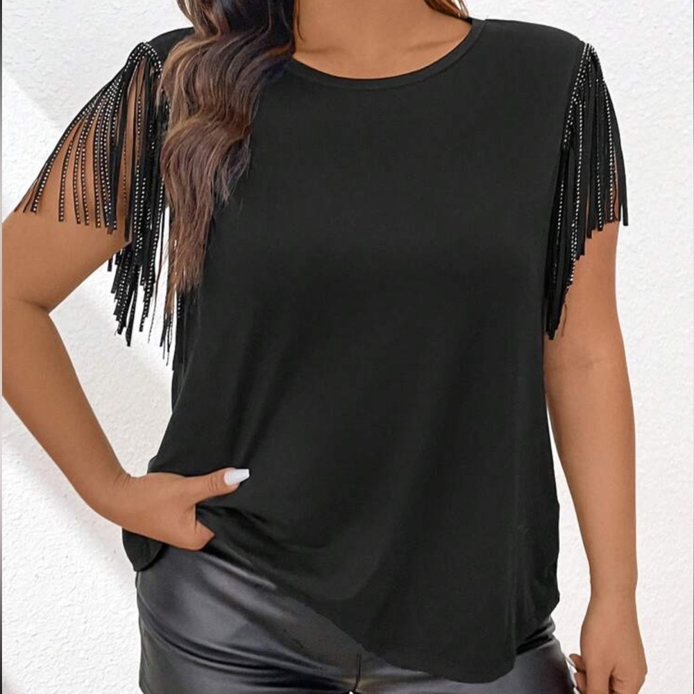 SHEIN EZwear Women's Sleeveless T-Shirt with Fringe & Rhinestone Detail
